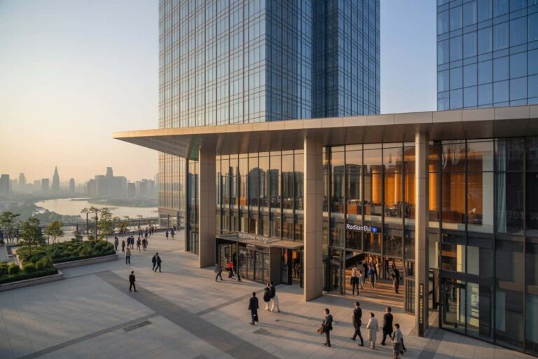 Modern glass office building with a wide overhang and a busy plaza of pedestrians at sunset by a river.