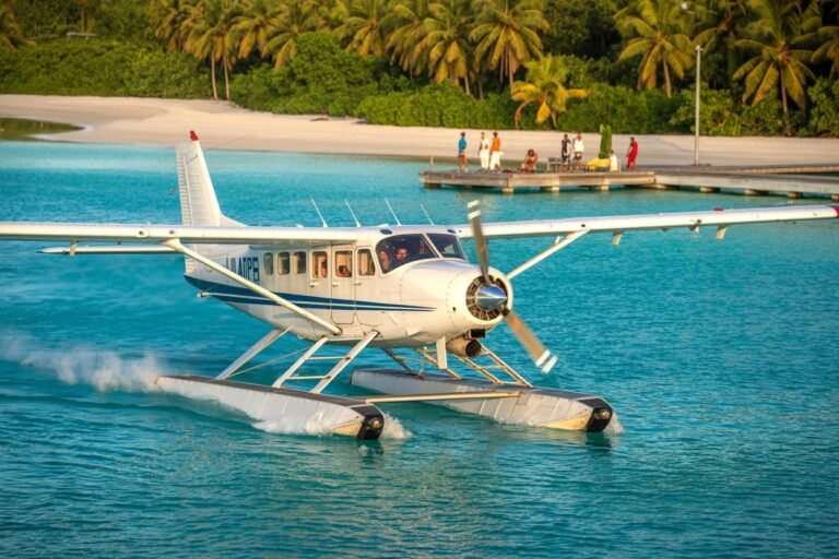 Seaplane on turquoise water near a sandy tropical beach with palm trees and a dock where people stand in the background.