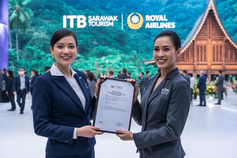 Two women in formal suits smile and hold a framed certificate at a tourism event, with an ITB Sarawak backdrop.