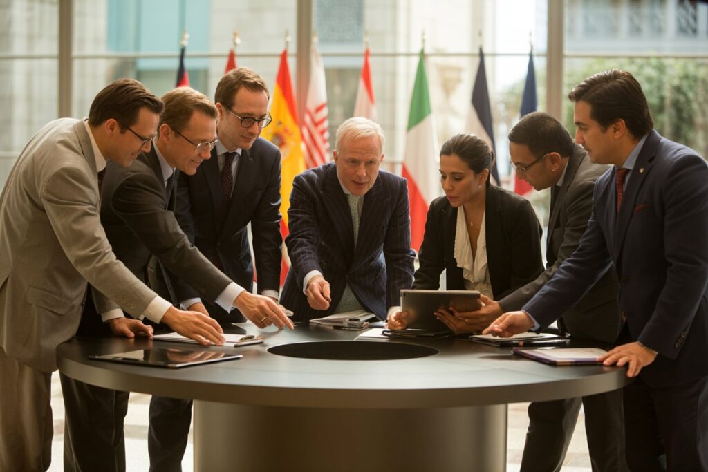 Seven professionals in suits lean over a round conference table, reviewing documents with tablets, flags in background.