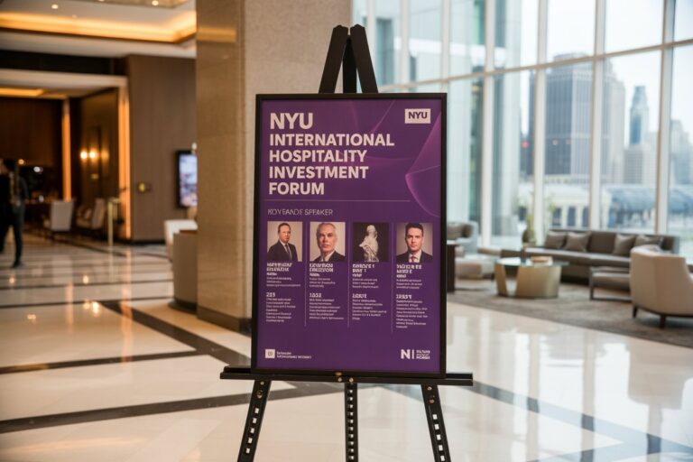 Purple poster on an easel advertising the NYU International Hospitality Investment Forum in a modern hotel lobby with glass walls in the background