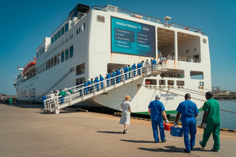 Large white medical ship docked at a port with people in blue scrubs boarding via a long gangway under a clear blue sky, sign reads 'Medical Mission 2024'