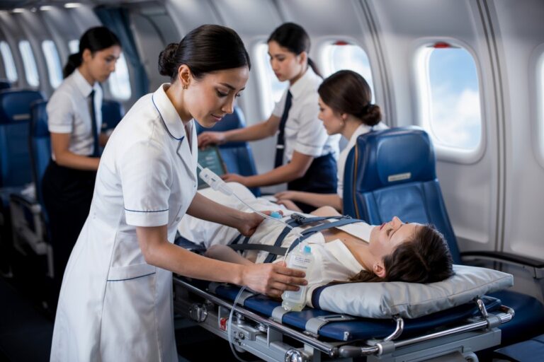 Flight nurse checks an IV line for a patient on a stretcher in an airplane cabin with other crew members in the background.