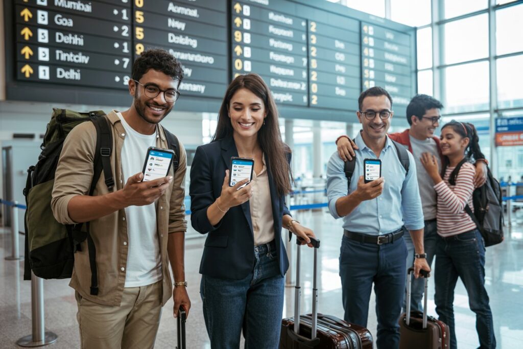 Group of four friends at an airport check-in area, smiling and showing flight apps on their phones with rolling suitcases nearby.