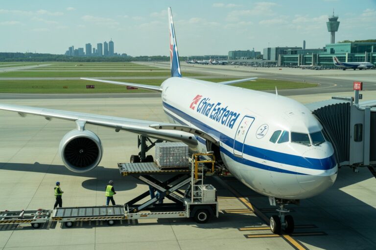 China Eastern aircraft at a gate with cargo pallets being loaded onto a scissor lift on the tarmac.",