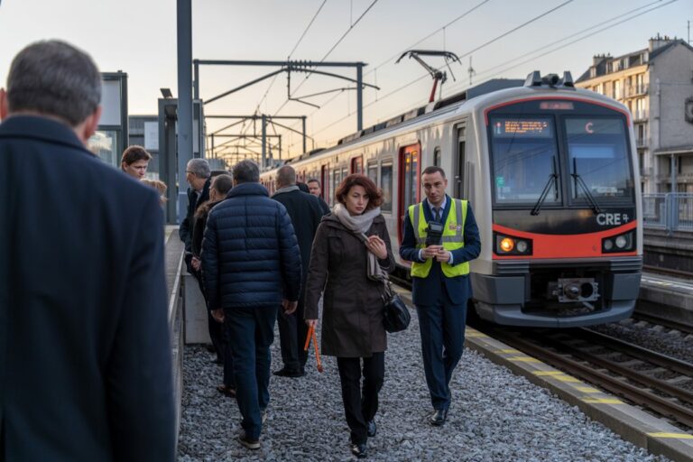 People on a train platform with a modern train arriving; a woman in a coat and scarf walks toward camera while a uniformed staff member in a bright vest stands nearby.