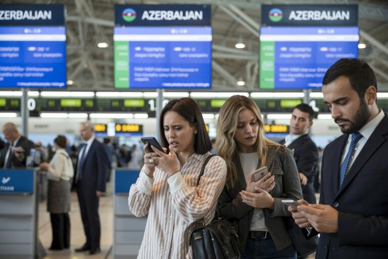 Busy airport check-in area with travelers looking at their phones under Azerbaijan signage and flight boards nearby.