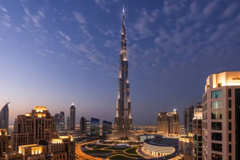 Burj Khalifa towers over Dubai’s skyline at dusk, with illuminated surrounding buildings and curved roads below.
