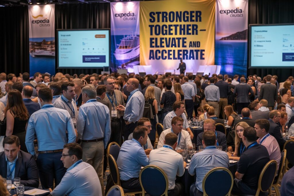 Crowded conference hall with people mingling around round tables; stage banner reads 'STRONGER TOGETHER—ELEVATE AND ACCELERATE'.