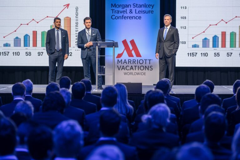 Businessmen on stage presenting at a Marriott Vacations Worldwide booth during a Morgan Stanley Travel & Leisure Conference, with charts on screens behind them and an audience watching.