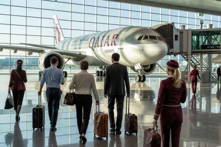 Group of passengers with suitcases walking toward a parked Qatar Airways plane at a glass-walled airport terminal.