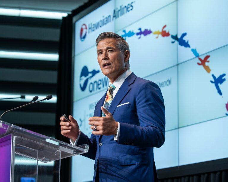 Man in a blue suit delivering a speech at a clear podium; backdrop shows Hawaiian Airlines logo and colorful map behind him.