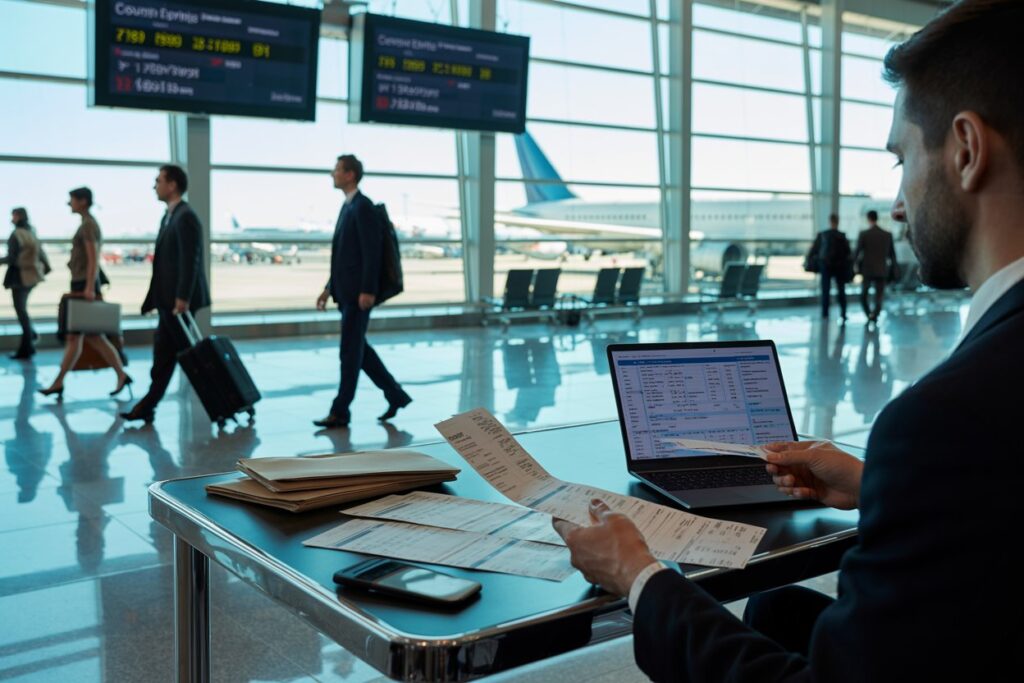 Business traveler in a suit reviews receipts beside a laptop at a bright airport check-in desk, with others walking past and planes outside the windows