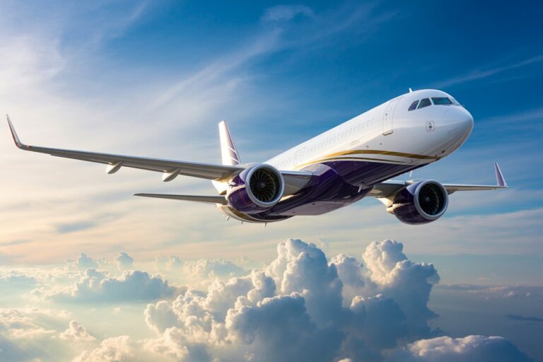 White passenger jet with purple and gold accents flying above fluffy clouds against a blue sky, audience-facing window side visible? (Concise informative alt)