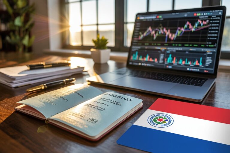 Sunlit desk with a Paraguayan passport, notebook, pens, and a laptop showing stock charts.