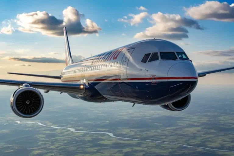 United Airlines jet in flight over a green landscape with a blue sky and clouds, engines visible under the wings