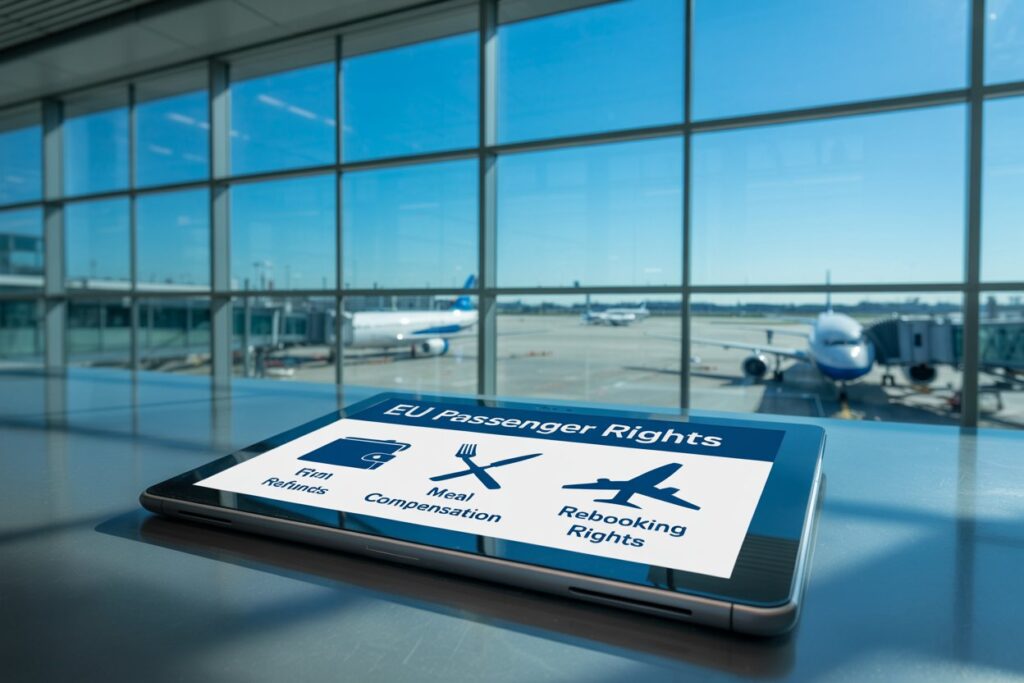 Smartphone screen showing EU Passenger Rights icons: refunds, meal compensation, rebooking; airport tarmac in background.