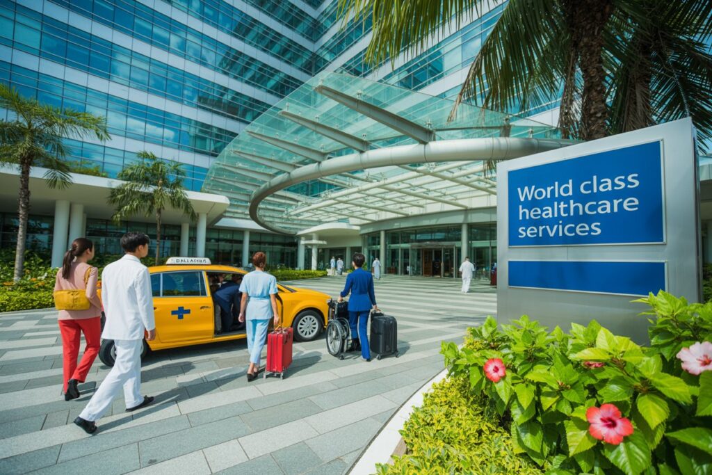 Hospital entrance with a blue 'World class healthcare services' sign; people with luggage and a taxi outside a glass-fronted building.