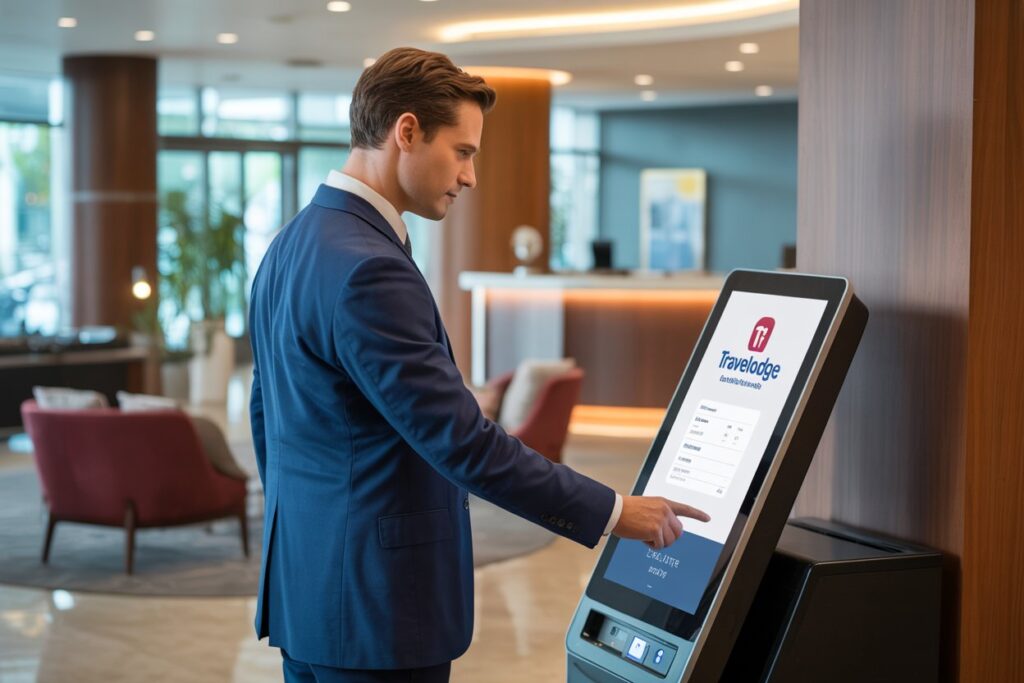 Man in a blue suit uses a hotel self-service kiosk to check in.