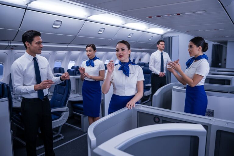 Flight attendants in white blouses and blue skirts greet inside a modern airplane cabin with seats and overhead bins visible.
