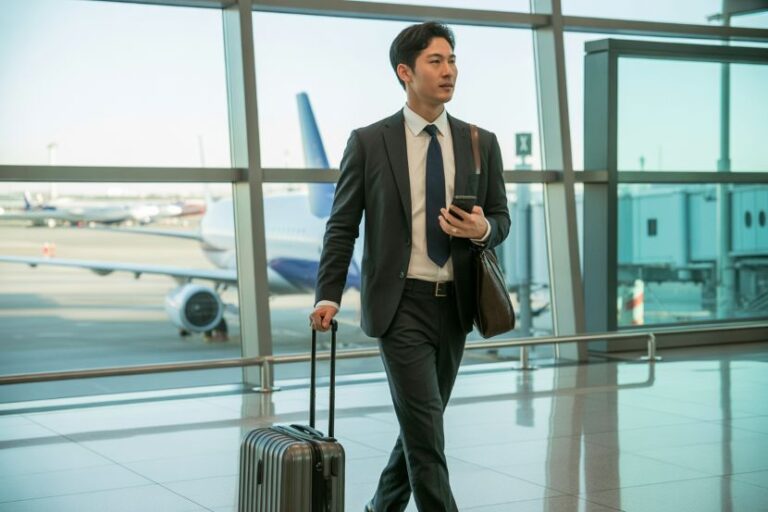 Business traveler in a dark suit walking through an airport terminal with a rolling suitcase and a messenger bag, looking at his phone.