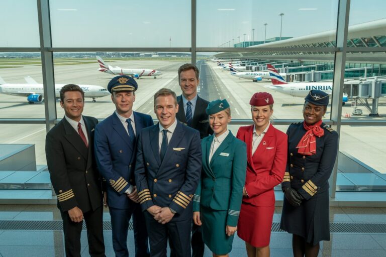 Group of airline crew in uniform posing inside a terminal with planes on the tarmac outside windowed wall behind them