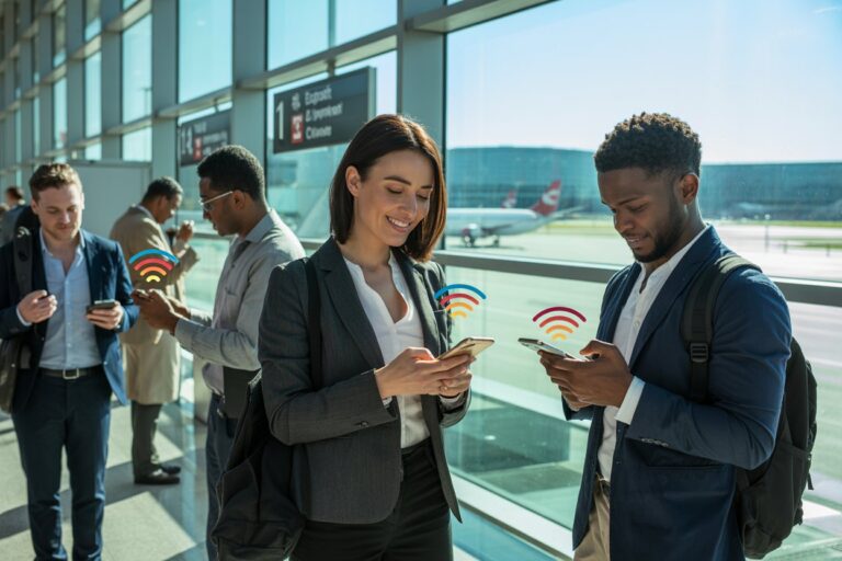 Two professionals at an airport gate use their phones, signals emanating from screens suggest digital connectivity or sharing data between devices.