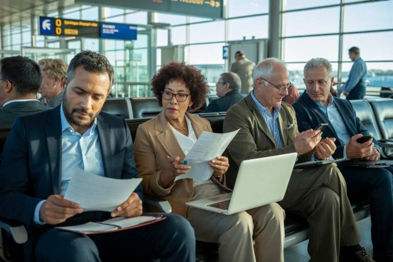 Business travelers sit in an airport lounge reviewing documents and using a laptop and phones.
