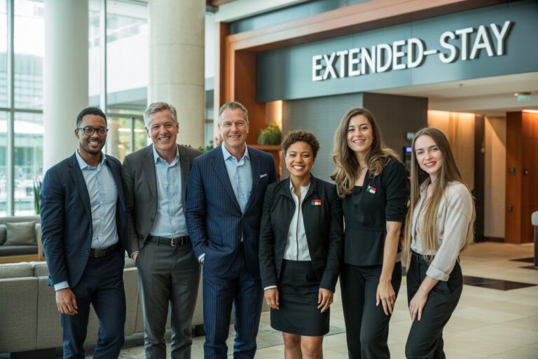 Group of six professionals in business attire posing and smiling in a hotel lobby with an Extended Stay sign in the background.
