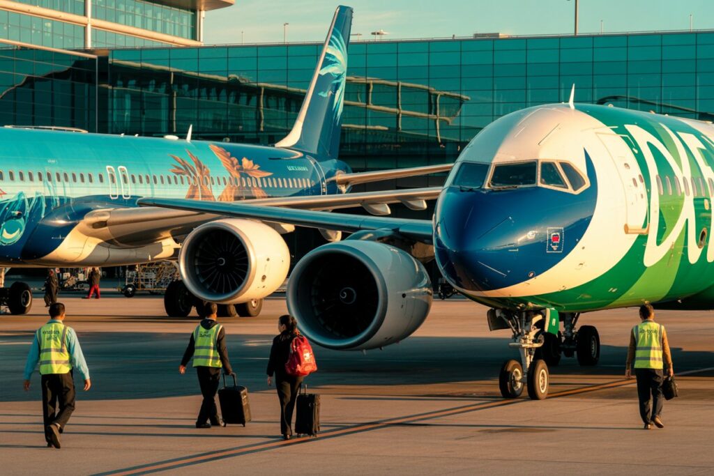 Airplane at the gate with two large engines visible; ground crew in high-visibility vests and passengers with rolling luggage walking on the tarmac.