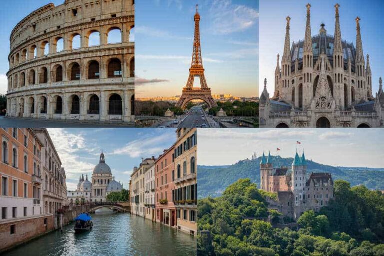Collage showing Colosseum, Eiffel Tower, Sagrada Família, Venice canal, and Neuschwanstein Castle in Europe.