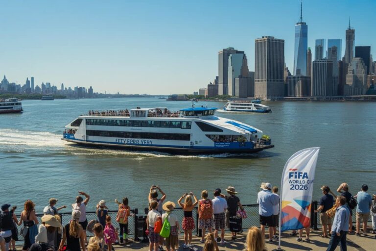Crowd watches ferries pass on the Hudson River with the Manhattan skyline in the background and a FIFA World Cup 2026 flag nearby, under clear blue skies.