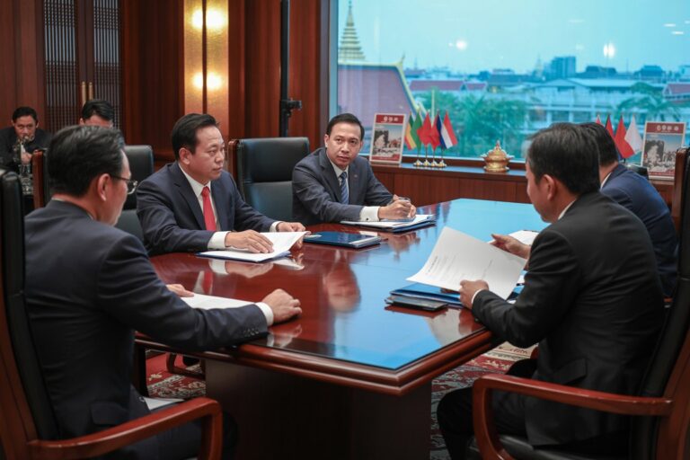 Five businessmen in suits sit around a polished conference table, reviewing documents in a formal boardroom.",