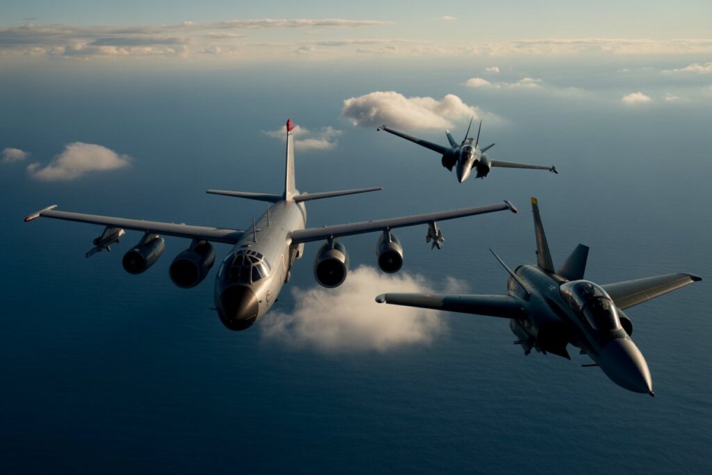 Formation of three military aircraft over the ocean: a large four-engine bomber in front with two fighters nearby.