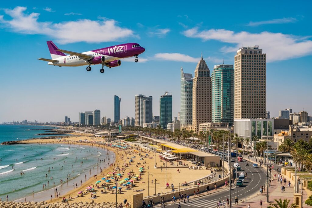 Purple Wizz Air jet flies low over a crowded sandy beach with a city skyline of tall buildings in the background.