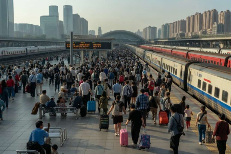 Crowded train platform with travelers pulling suitcases as high-speed trains stand on both tracks at a busy station.