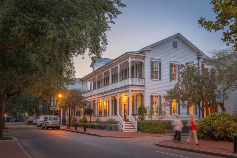 White two-story wooden house with a wraparound porch on a tree-lined street at dusk, warm porch lights glowing behind pedestrians nearby.