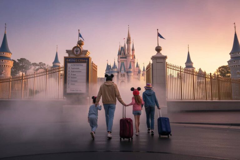 Family of four with rolling suitcases walking toward a castle at sunrise with fog around their feet.