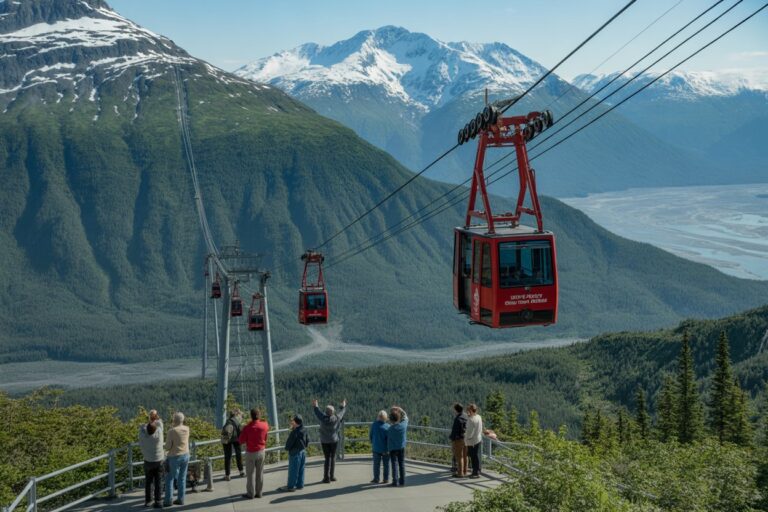 Red gondola lift carrying tourists over a green valley with snow-capped mountains in the distance; people on a viewing platform watch the ride.