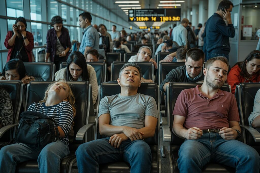 People sitting in an airport lounge, many appear tired or sleeping, waiting for a flight in a row of seats.