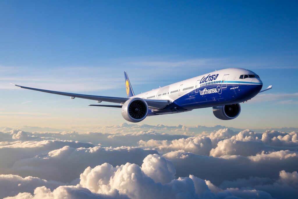 Lufthansa jet soars above clouds against a clear blue sky, mid-flight.