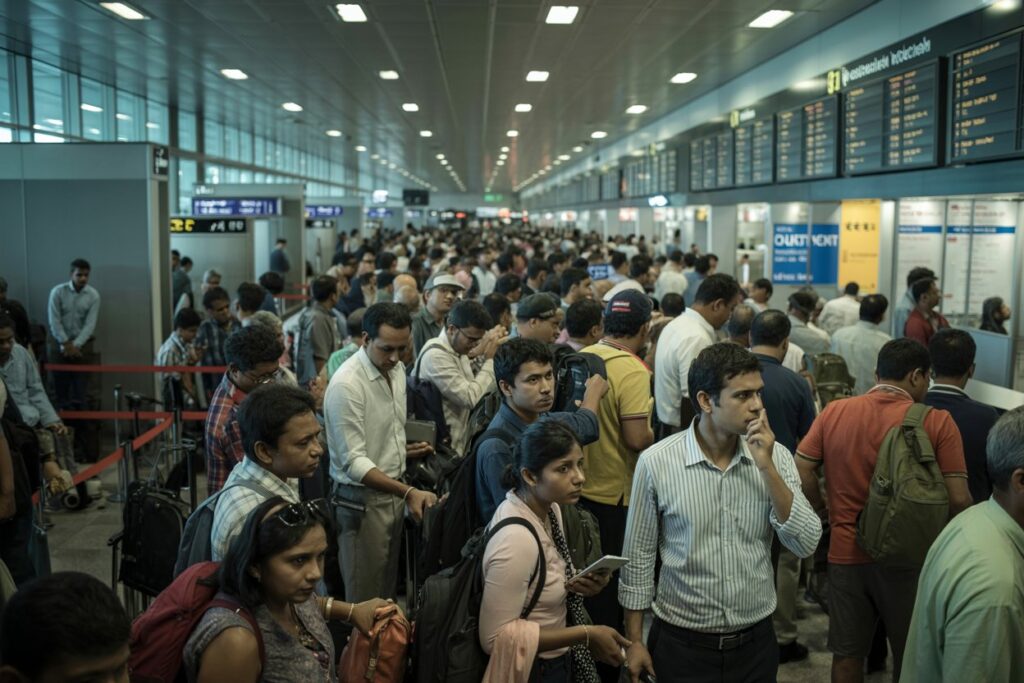 Crowded airport terminal with travelers standing in a long queue near counters and boards.