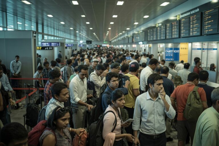 Crowded airport terminal with travelers standing in a long queue near counters and boards.