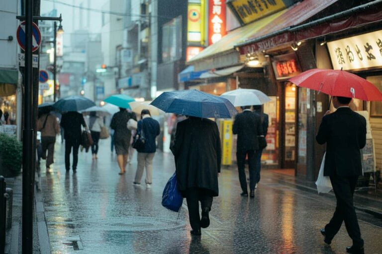 Pedestrians with umbrellas walking on a wet city street at night, neon signs glowing in the background during rainfall in an urban area.