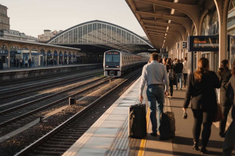 People on a train platform with rolling suitcases as a modern train approaches on the track. A glass-roofed station arch spans the background.