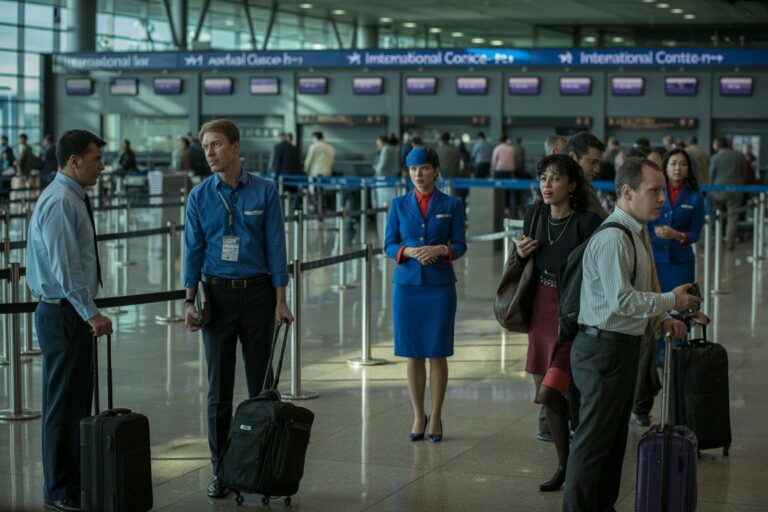 Airport check-in area with uniformed staff guiding travelers and managing bags at the counter line.