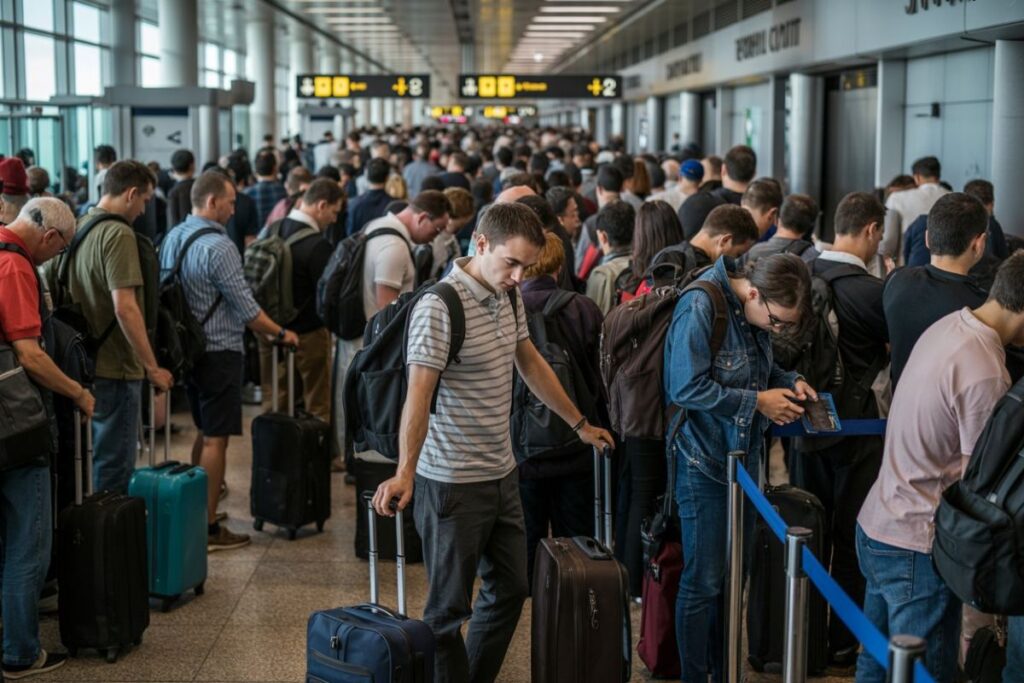 Crowded airport terminal with travelers in a long luggage-lined queue under overhead signs.