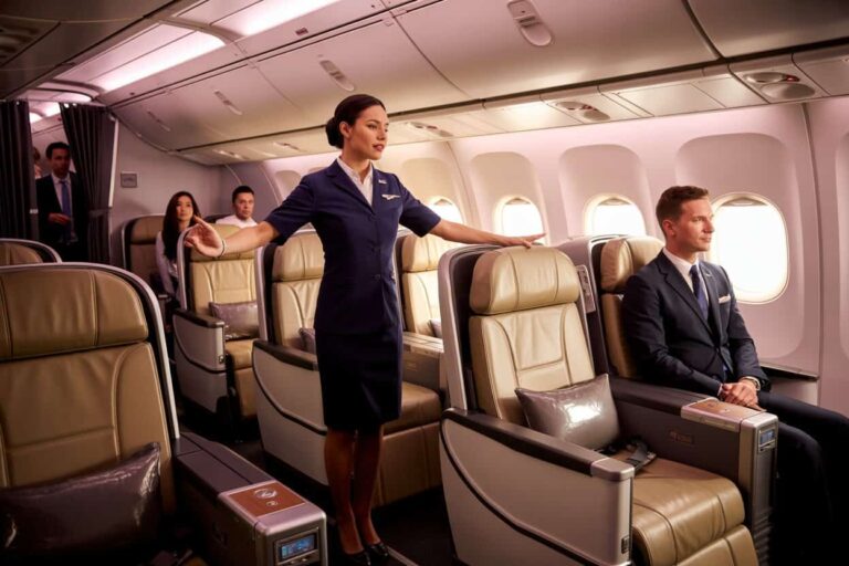 Flight attendant in a navy uniform stands with arms outstretched beside beige leather seats in a cabin, greeting passengers on a plane.
