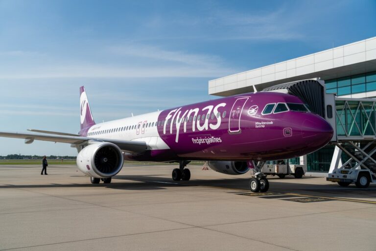 Purple Flynas passenger jet parked at a gate with a jet bridge attached to the forward door on the tarmac