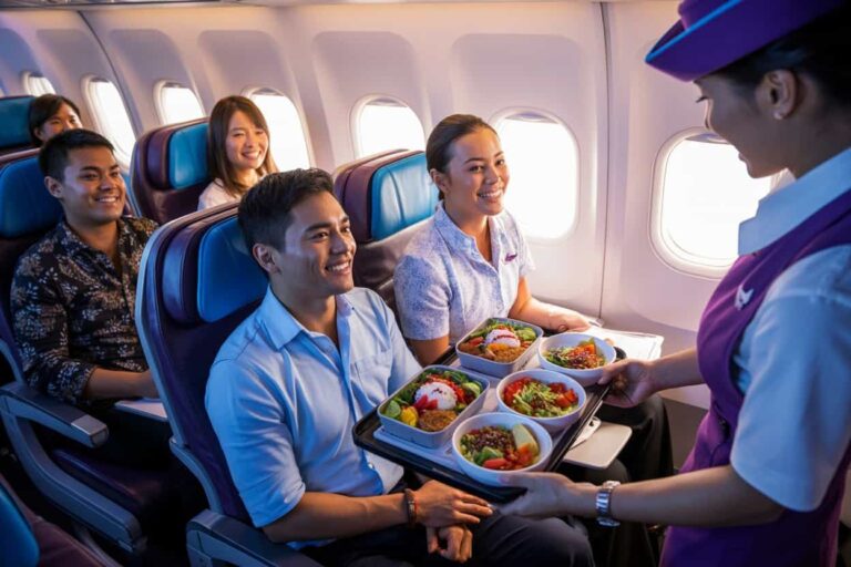 Flight attendant serves a meal tray to smiling passengers in an airplane cabin in-flight service.